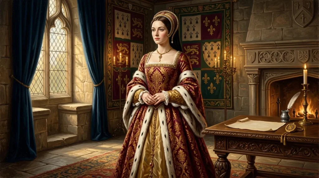 Femme en robe rouge médiévale dans un château