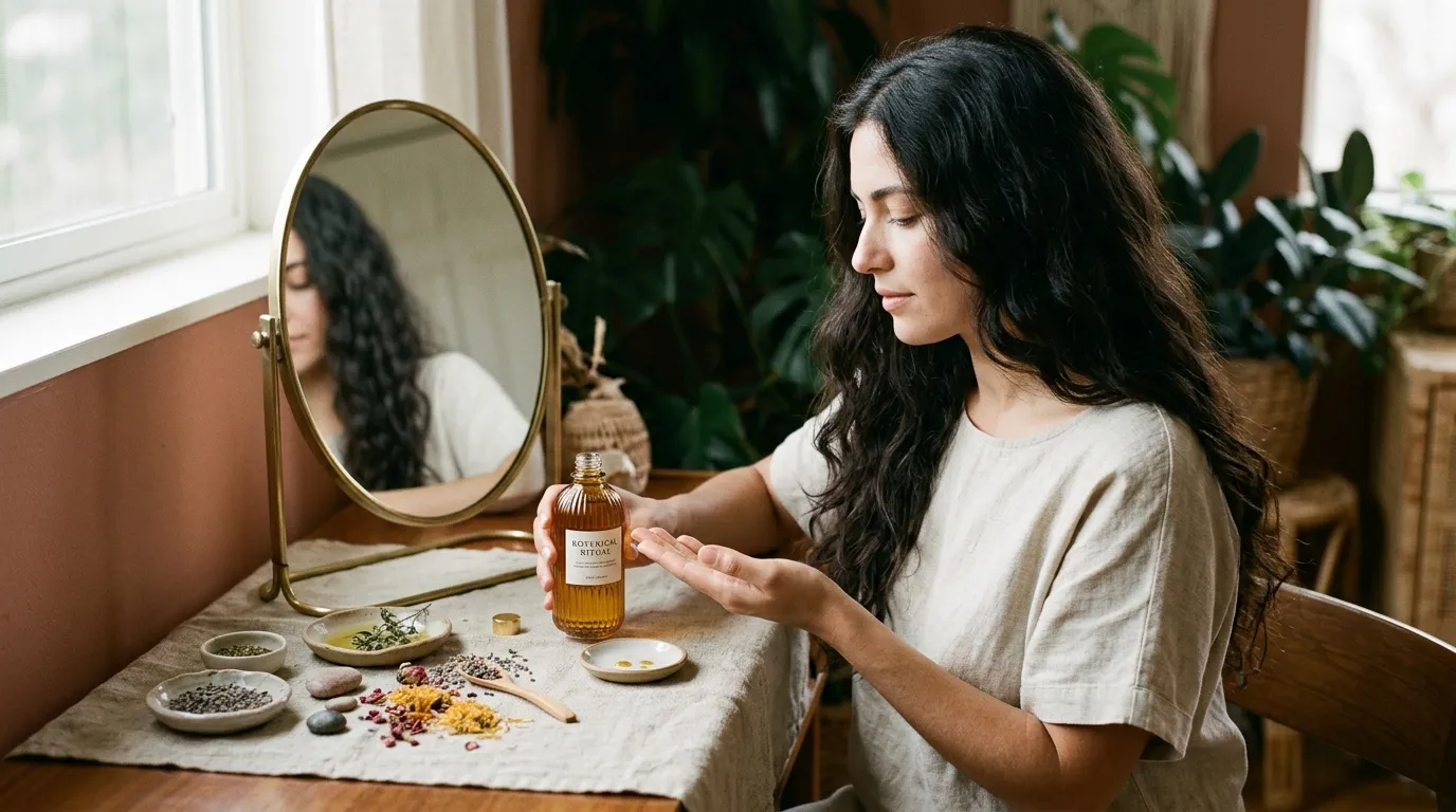 Femme examinant une bouteille d'huile avec ingrédients naturels.