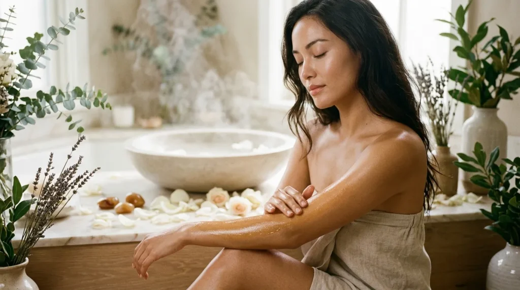 Femme appliquant un soin hydratant dans une salle de bain zen
