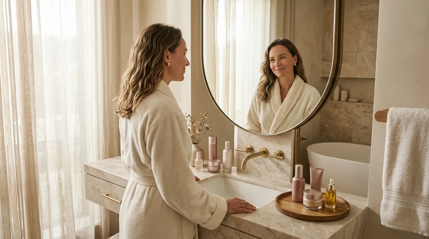Femme en peignoir blanc devant miroir rond dans une salle de bain