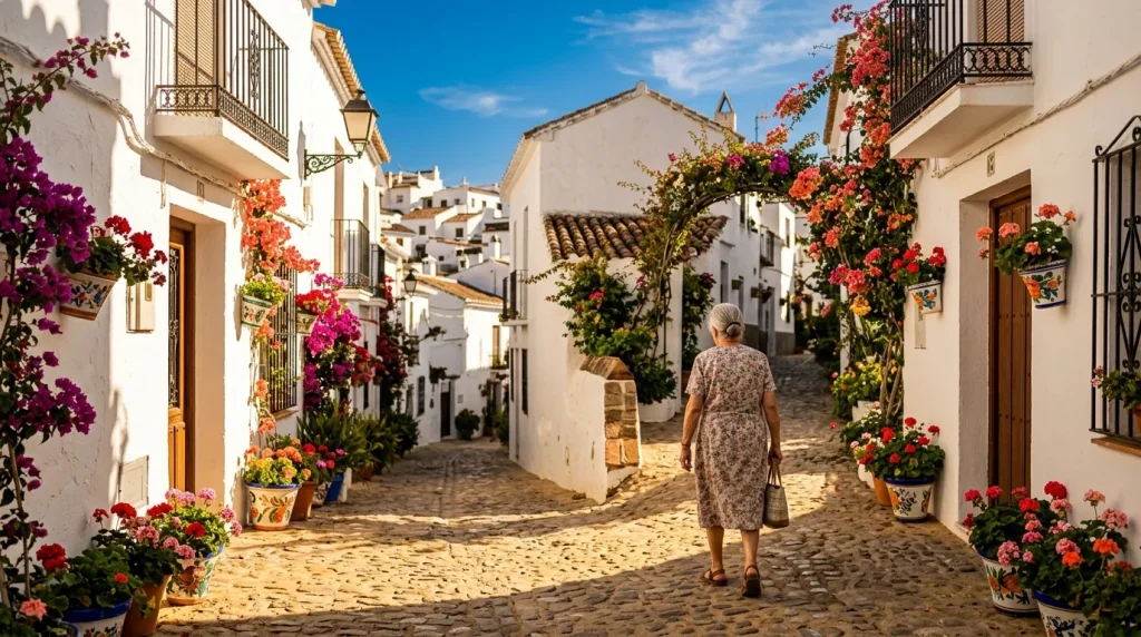 Femme marchant dans une ruelle blanche décorée de fleurs colorées