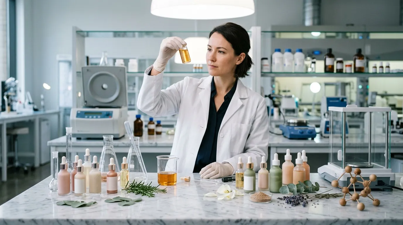 Femme en blouse blanche examinant un flacon doré en laboratoire