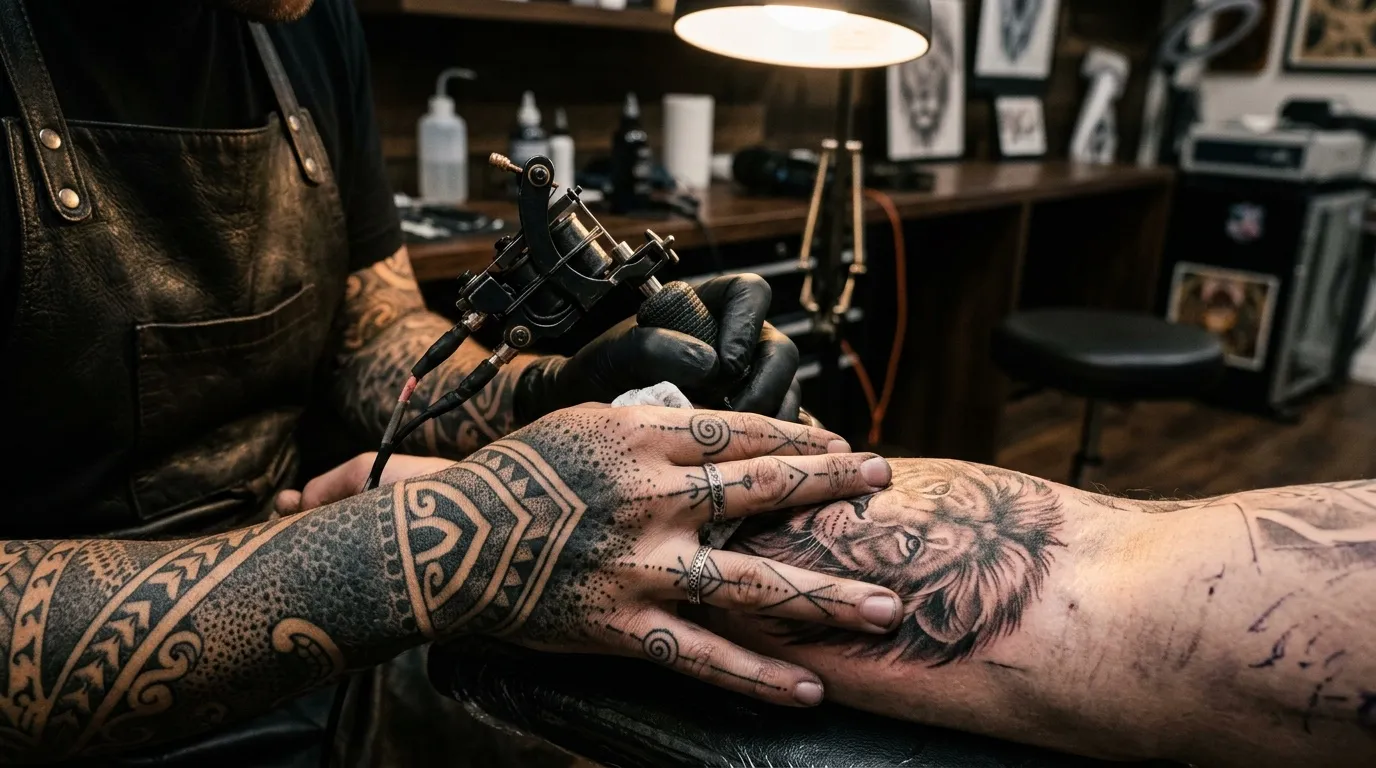Tatoueur appliquant un tatouage lion sur la main d'un client