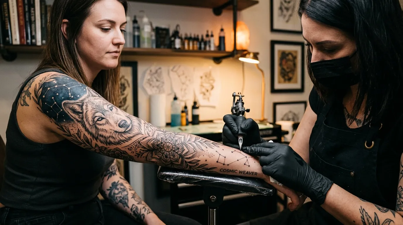 Tatoueur appliquant un tatouage sur le bras d'une cliente