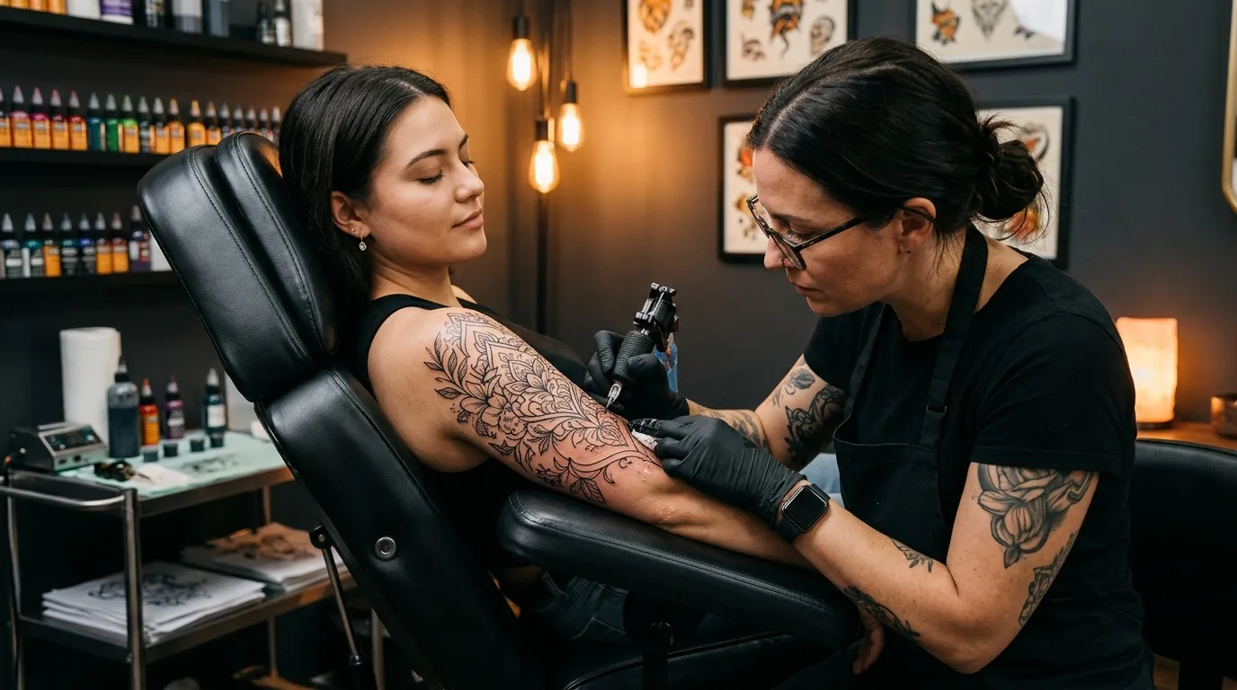 Tatoueur appliquant un motif floral sur l'épaule d'une cliente