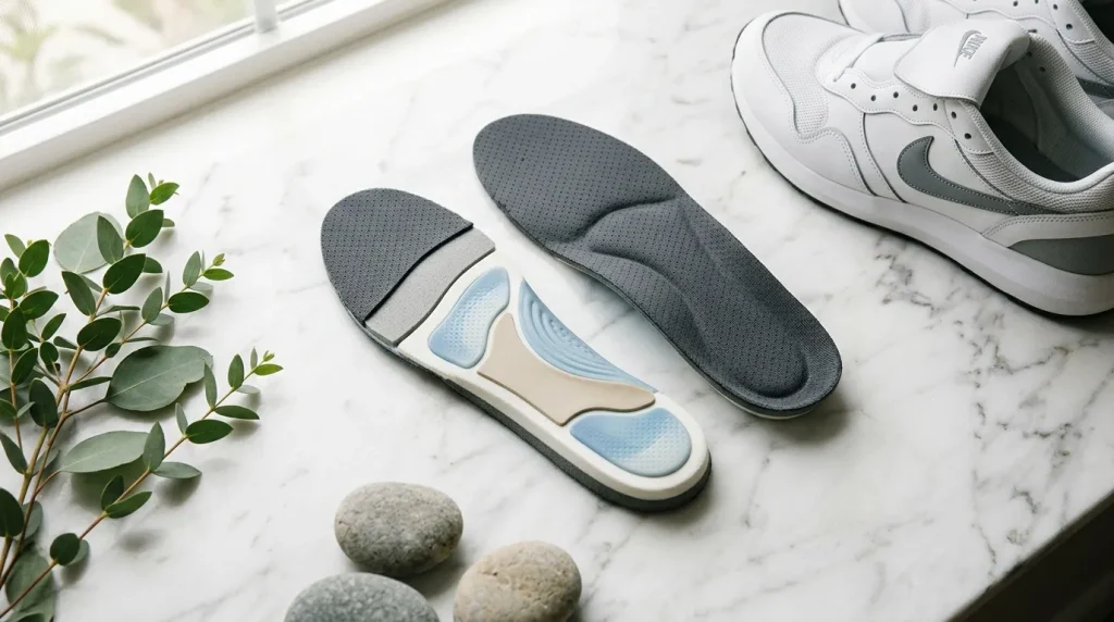 Semelles grises, chaussures blanches et éléments naturels sur marbre