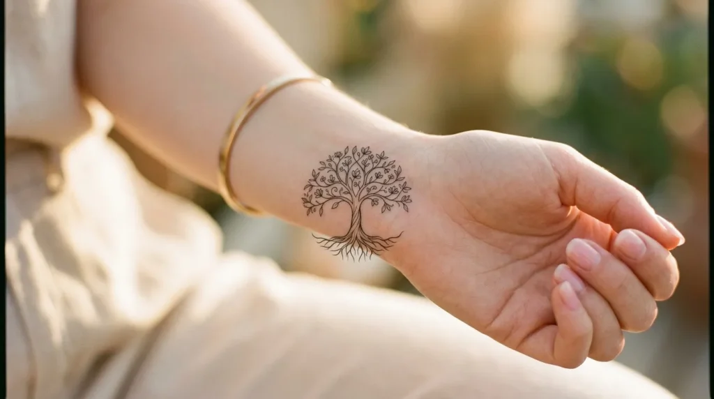 Main avec tatouage arbre de vie aux racines visibles
