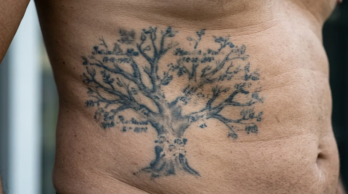 Tatouage d'un arbre avec branches sur la poitrine d'un homme