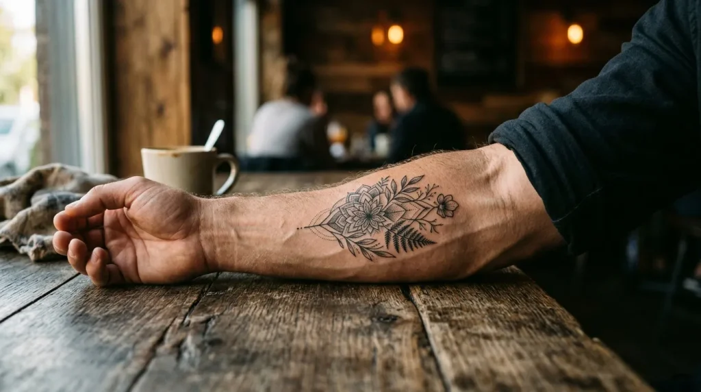 Homme montrant un tatouage de fleurs et feuilles sur son avant-bras