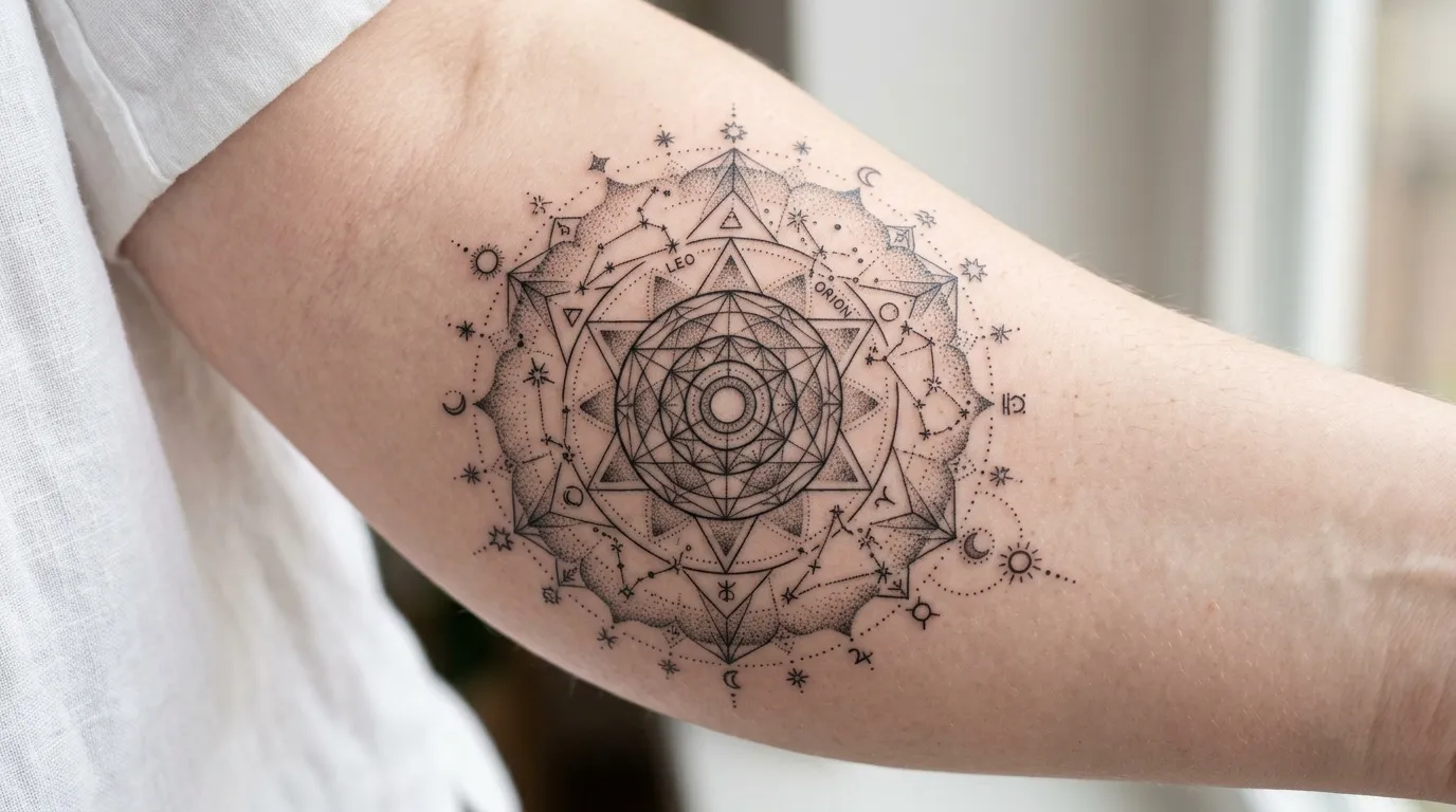 Bras avec tatouage mandala étoilé et symboles astrologiques