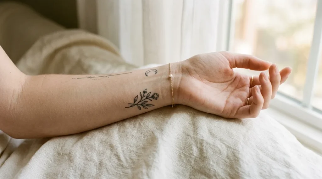 Bras avec tatouage floral près d'une fenêtre lumineuse