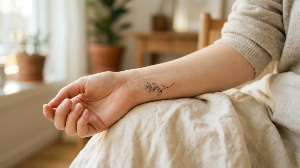 Femme avec petit tatouage de feuilles sur le poignet