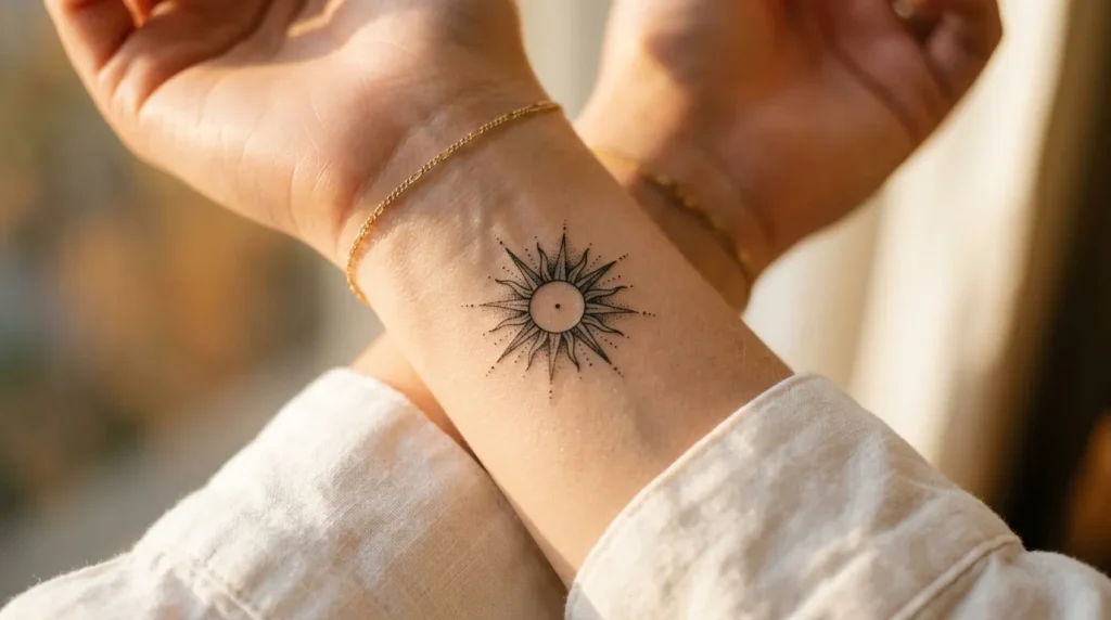 Poignet avec tatouage soleil noir et bracelet doré