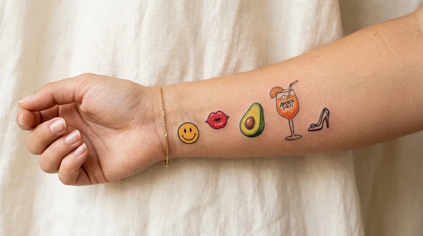 Bras avec cinq petits tatouages temporaires colorés alignés
