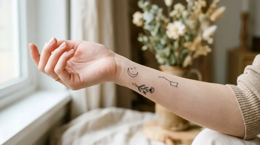 Bras avec trois petits tatouages: sourire, constellation, branche