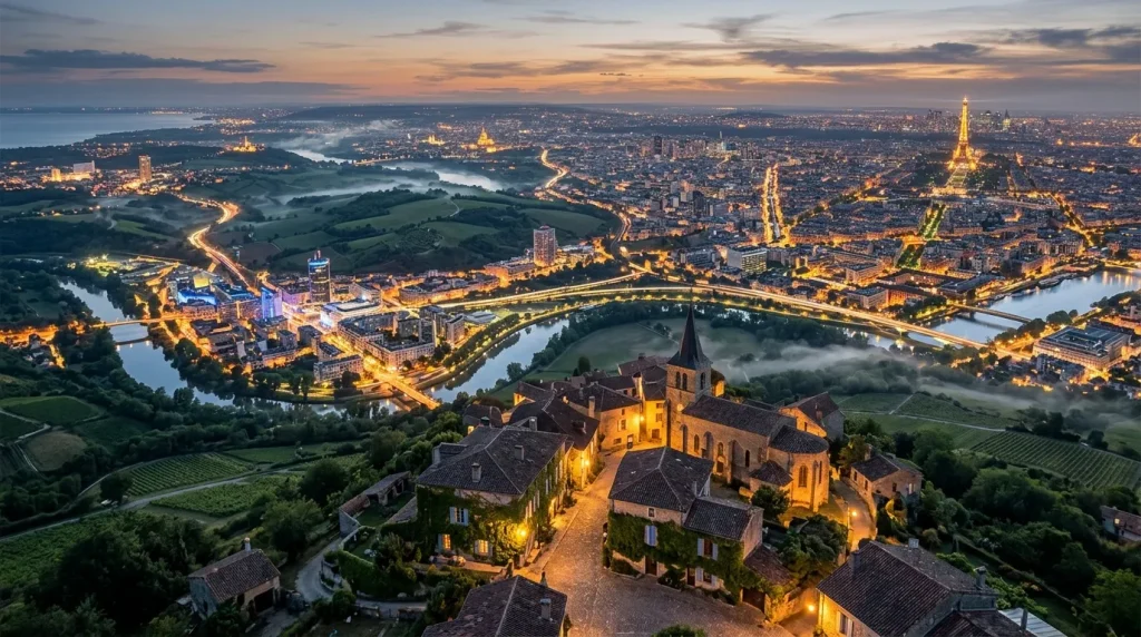 Vue aérienne d'une vallée avec église médiévale illuminée et ville en arrière-plan