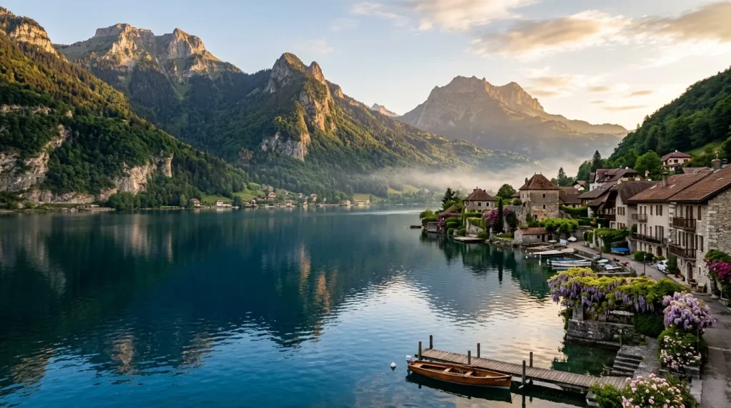 Village pittoresque en bord de lac alpin avec montagnes majestueuses