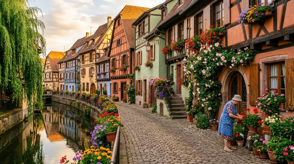 Rue pittoresque avec maisons à colombages et fleurs colorées