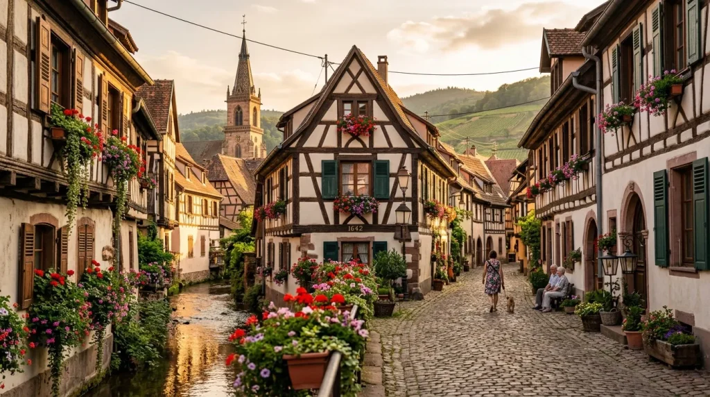 Rue pavée de village médiéval avec maisons à colombages et fleurs