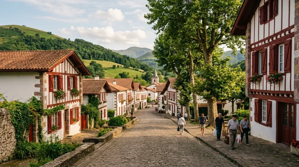 Rue pavée village traditionnel basque avec maisons colombages rouges