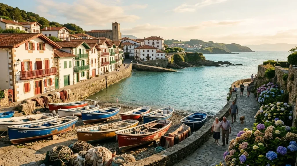 Petit port de pêche avec bateaux colorés et maisons traditionnelles