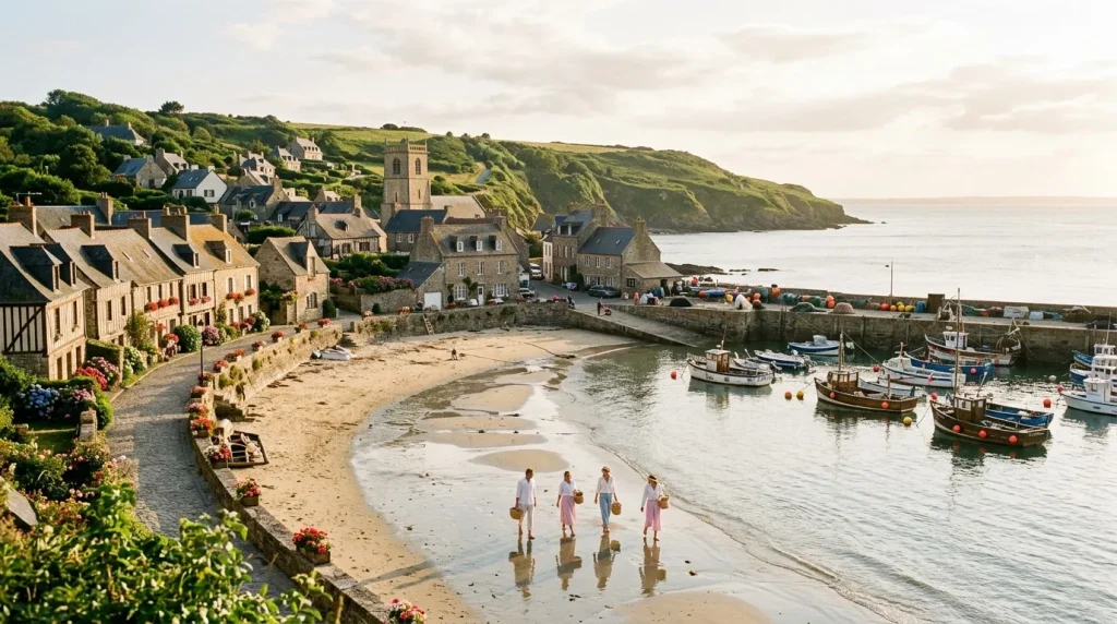 Village de pêcheurs avec église, maisons et bateaux dans une baie