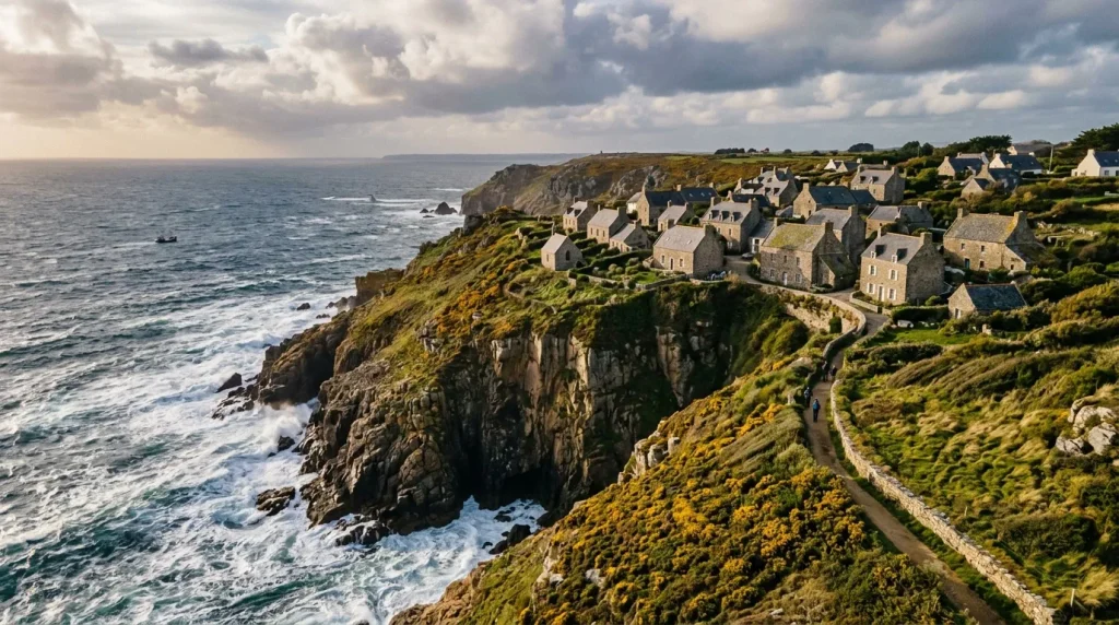 Village de pierre sur falaise surplombant l'océan Atlantique