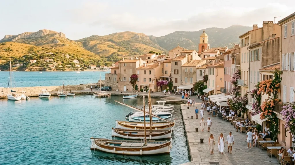 Port de village méditerranéen avec bateaux, maisons colorées et montagnes