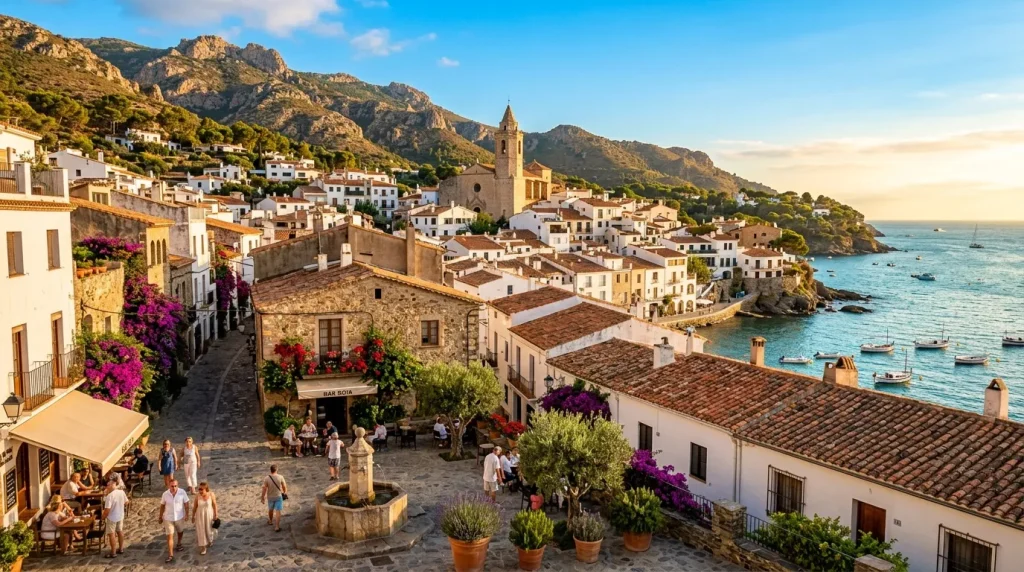 Village blanc méditerranéen avec église, montagnes et bateau