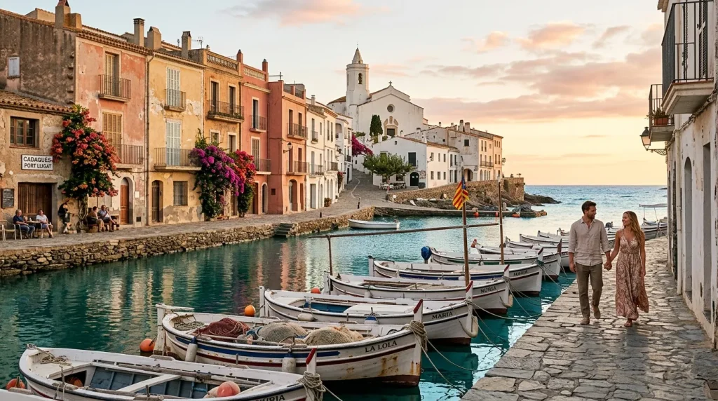 Port de pêche avec bateaux traditionnels et architecture colorée
