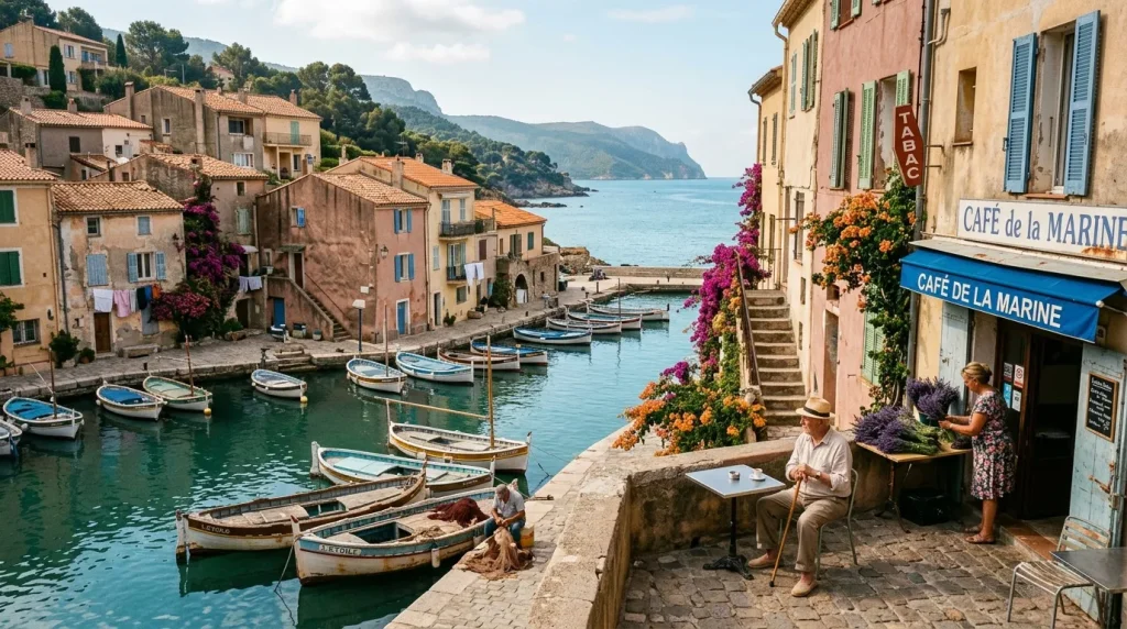 Village bord de mer avec bateaux colorés et cafés