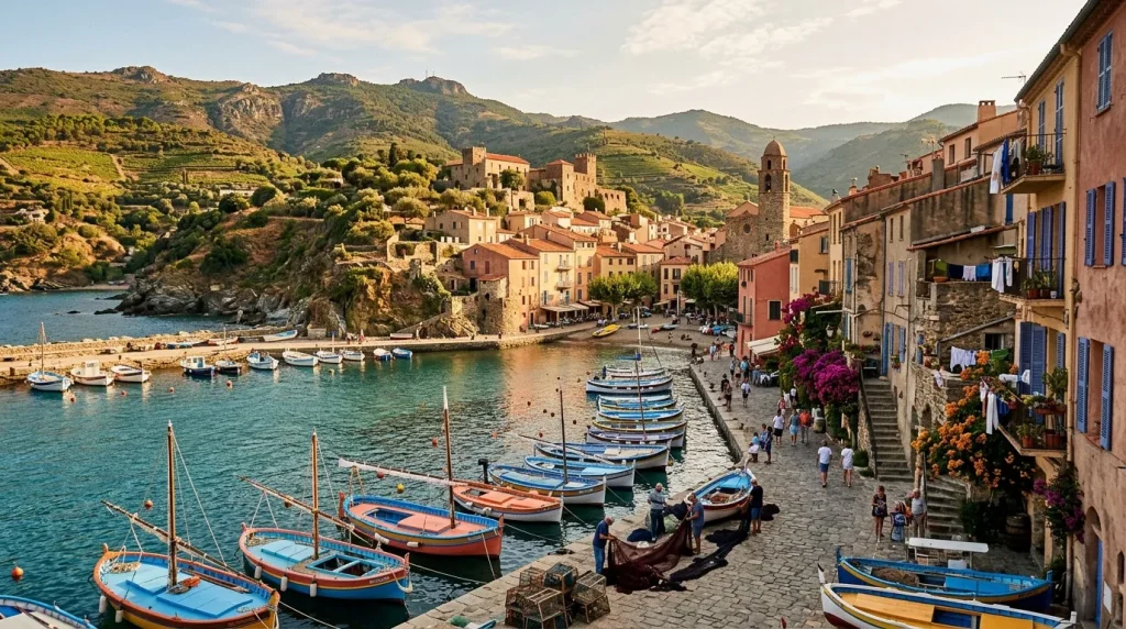 Port méditerranéen avec bateaux colorés et maisons traditionnelles