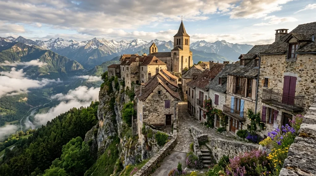 Village médiéval perché sur falaise avec église, montagnes enneigées arrière-plan