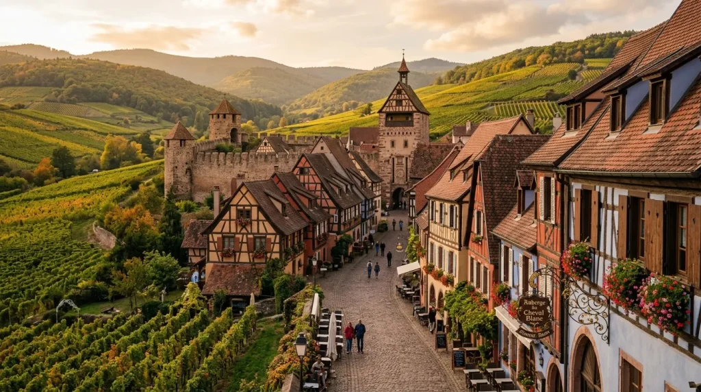 Village médiéval avec château, maisons à colombages, vignobles vallonnés.