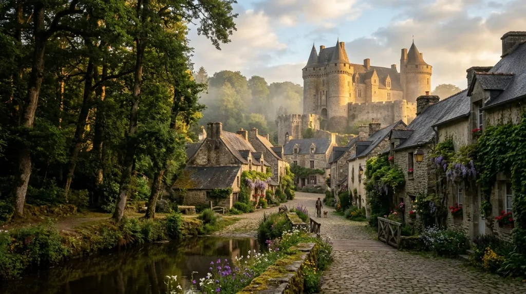 Village pittoresque avec château médiéval au coucher soleil