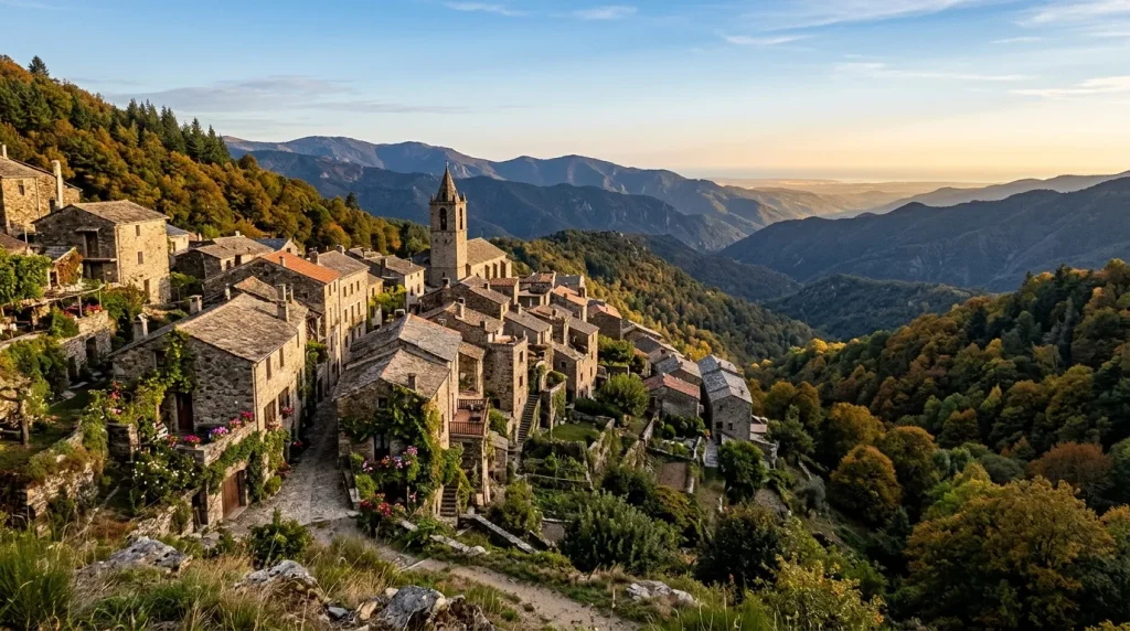 Village de pierre ancienne niché dans les montagnes boisées