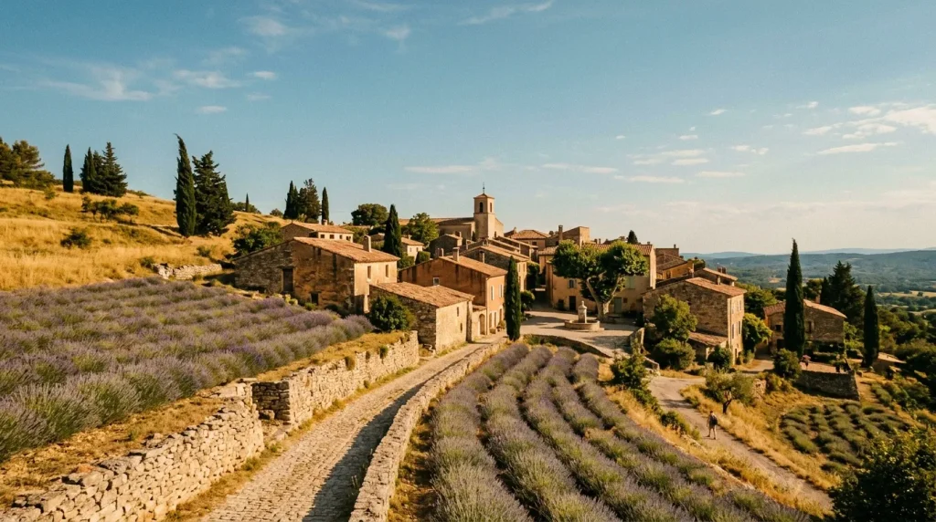 Village ancien toscan avec lavande, cyprès et église