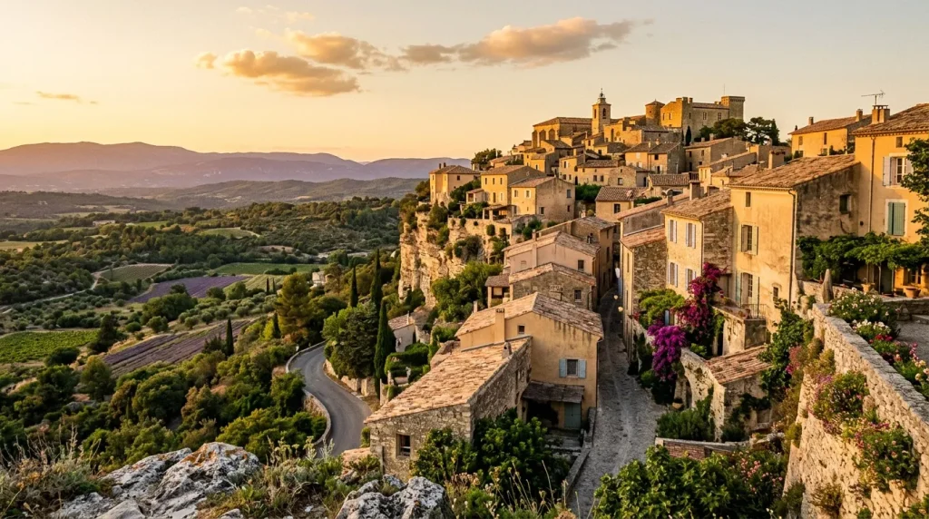 Village médiéval perché au coucher soleil, paysage toscan vallonné