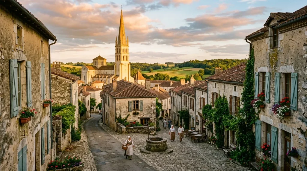 Rue pavée de village ancien avec église et maisons en pierre