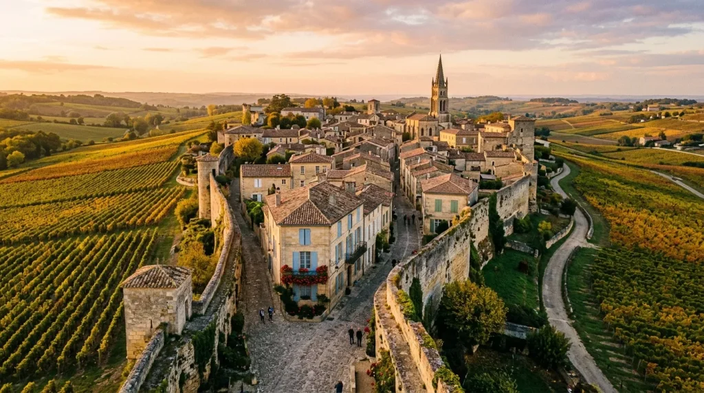Vue aérienne d'un village fortifié entouré de vignobles au coucher de soleil