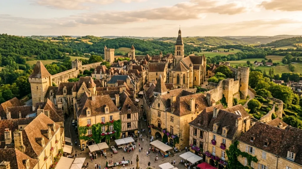 Vue aérienne d'un village médiéval avec château et église