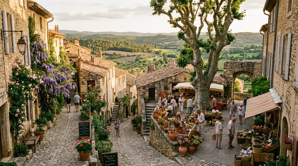 Village de pierre avec marché, fleurs, paysage vallonné