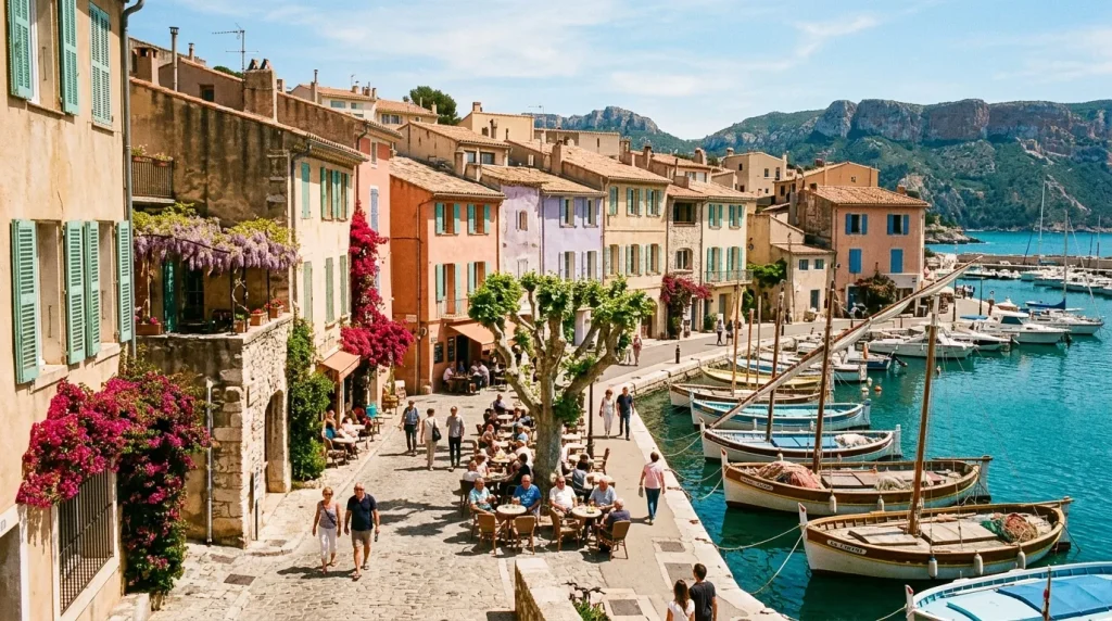 Port pittoresque méditerranéen avec bateaux, maisons colorées et fleurs