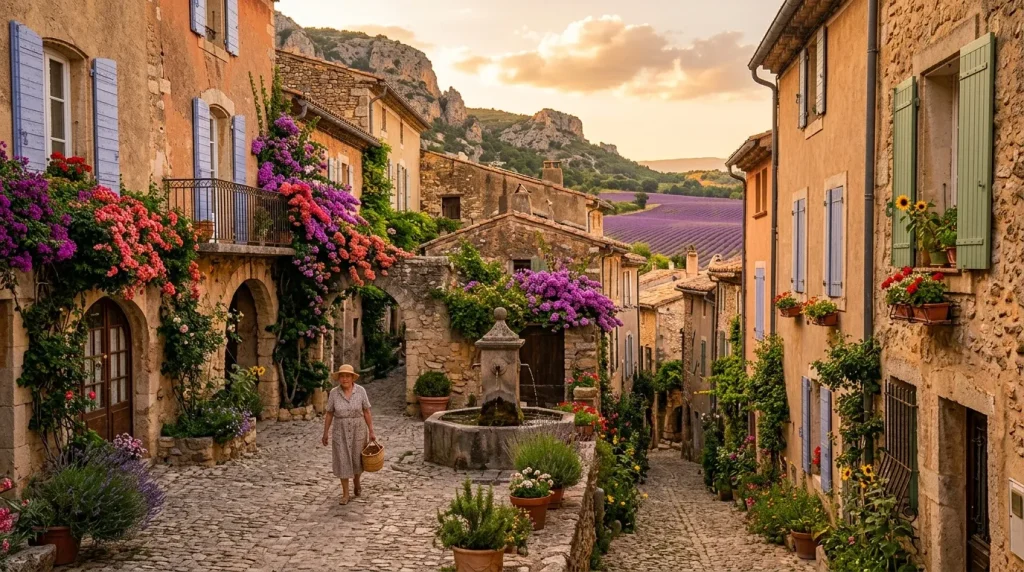 Rue pavée d'un village méditerranéen avec fleurs colorées et champs lavande