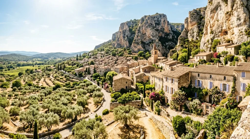 Village médiéval français niché entre falaises calcaires et oliviers