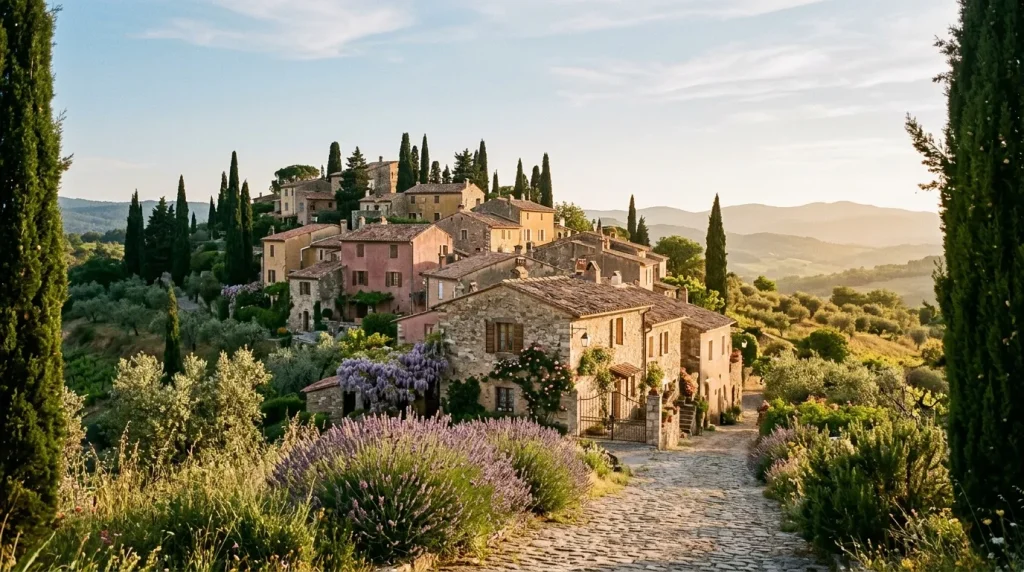 Petit village médiéval italien avec lavande et cyprès