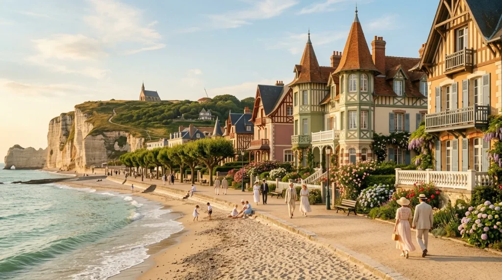 Plage pittoresque avec villas Belle Époque et falaises calcaires