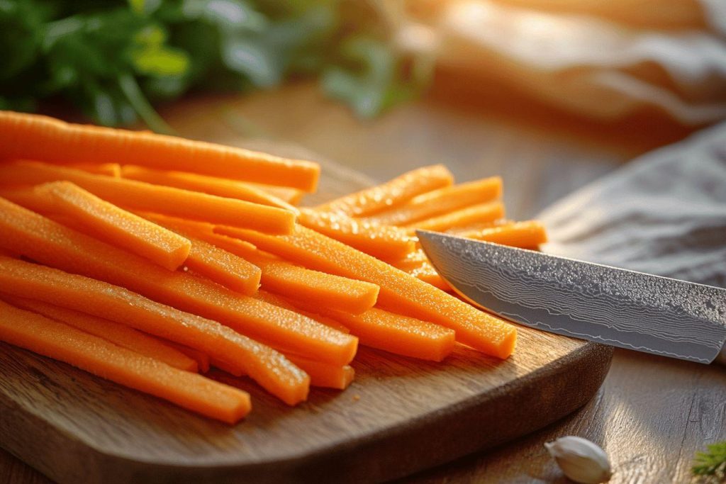 Carottes orange coupées près d'un couteau de cuisine