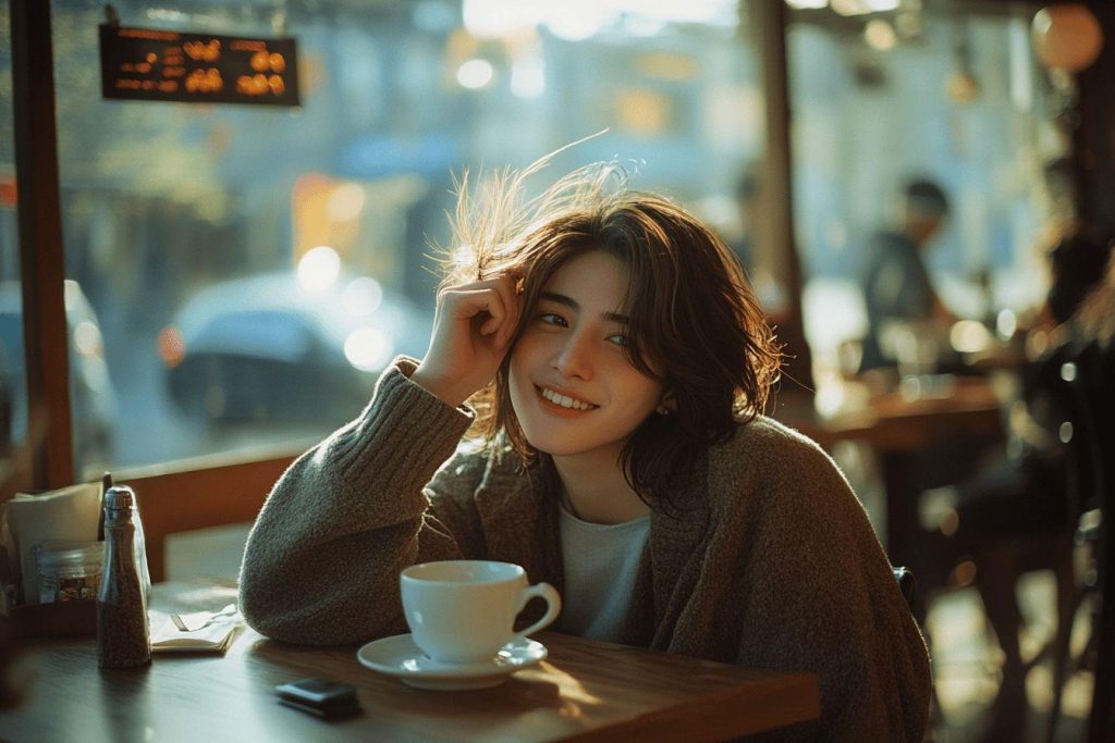 Jeune femme souriante avec tasse près de la fenêtre