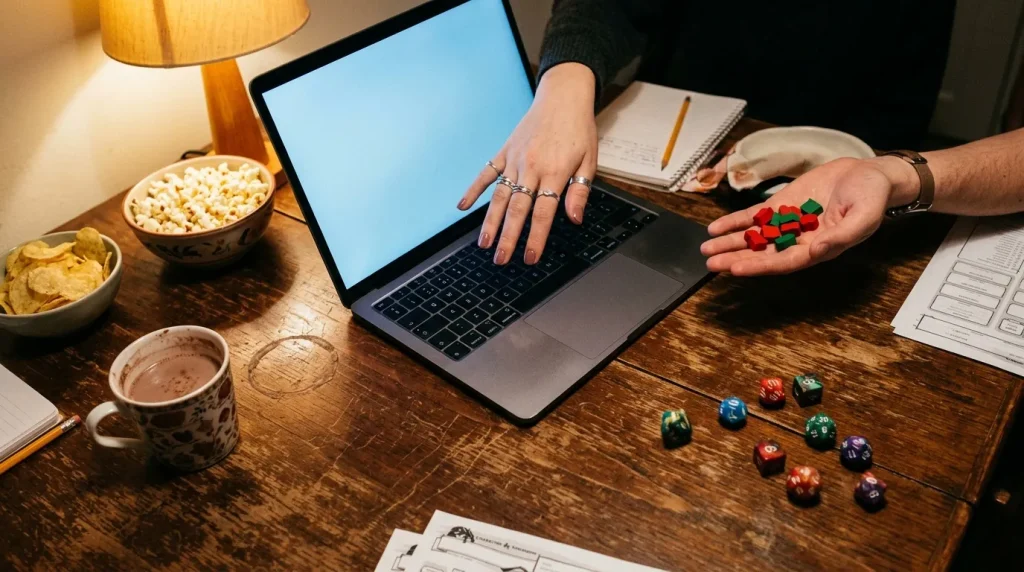 Personne jouant sur ordinateur portable avec dés colorés et snacks